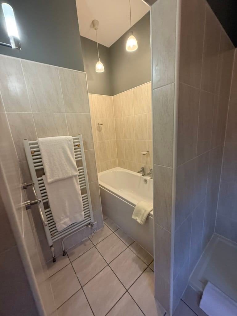 Hotel bathroom with bathtub, shower and heated towel rail.