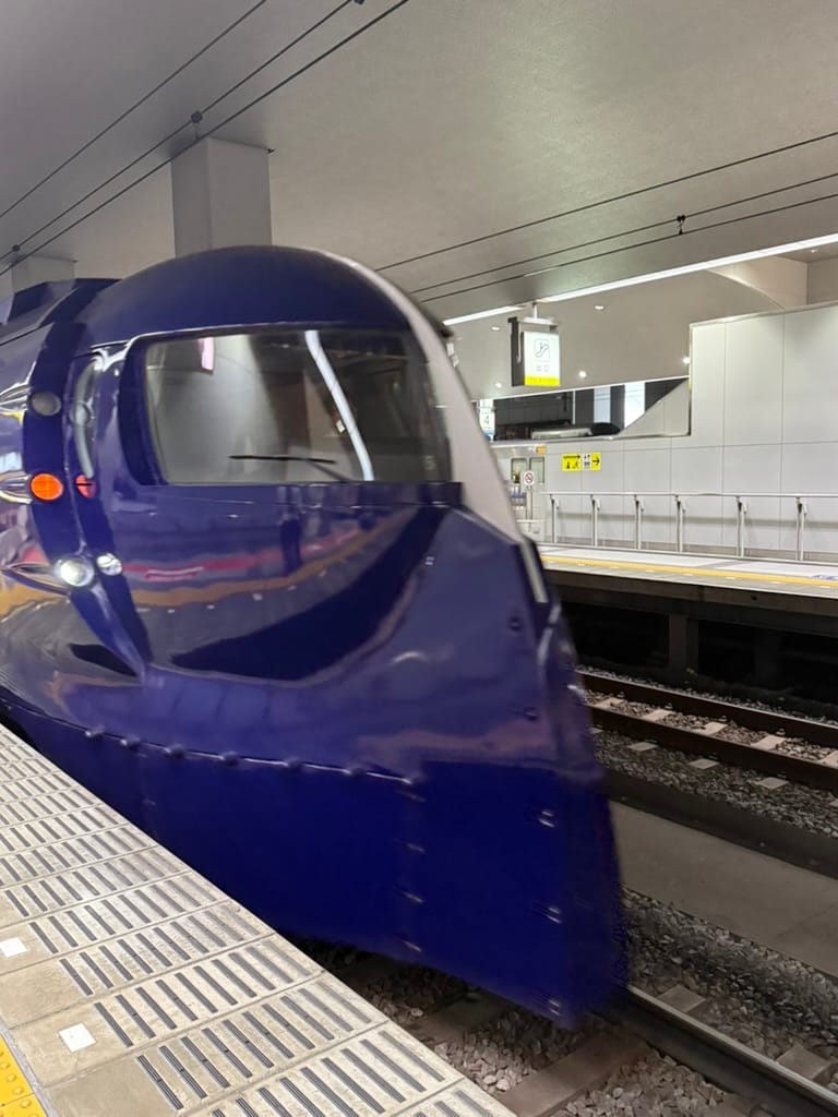 Nankai Airport Express train at Kansai Airport Station, featuring a distinctive dark blue streamlined front as it waits at the platform before departure.