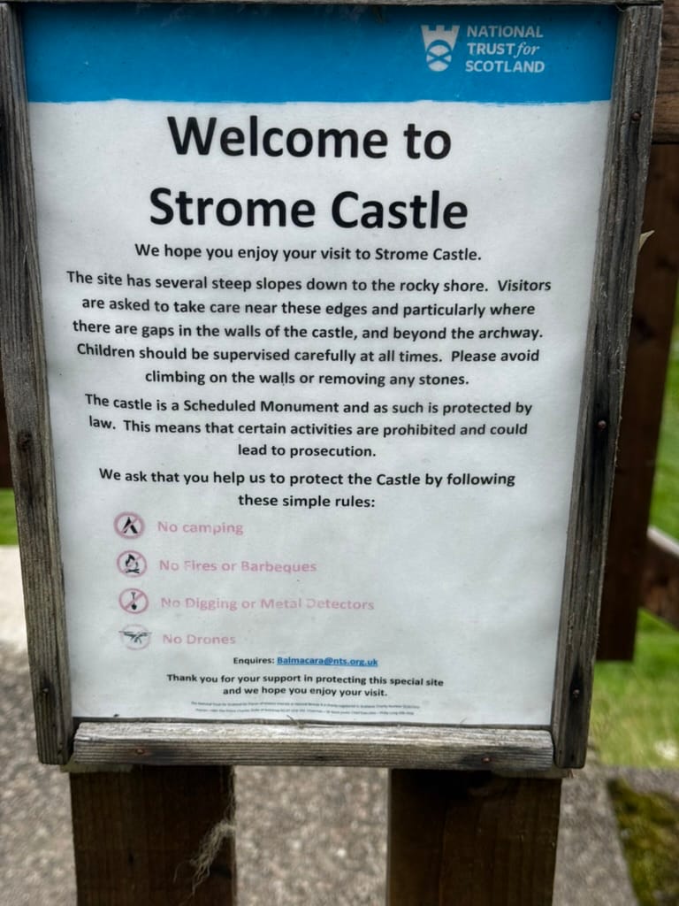 Welcome sign for Strome Castle by National Trust for Scotland.