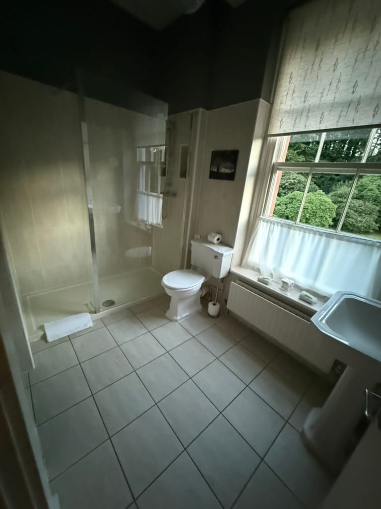 Spacious hotel bathroom with walk-in shower and large window.