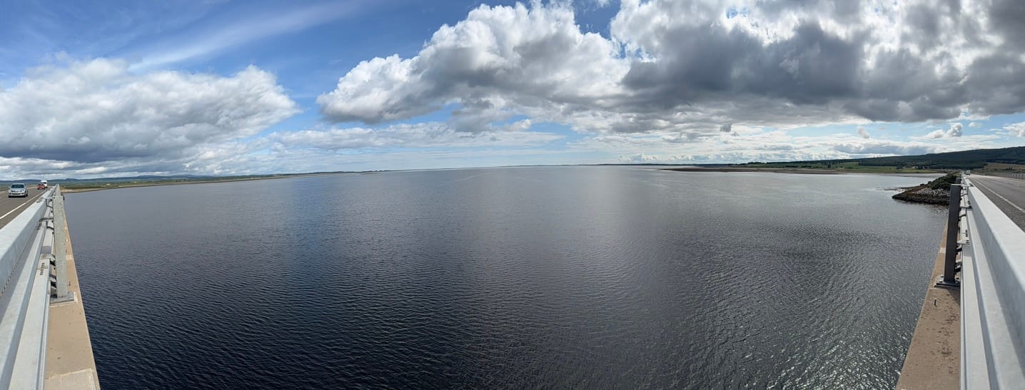 Panoramic view across the Dornoch Firth from the Dornoch Firth Bridge.