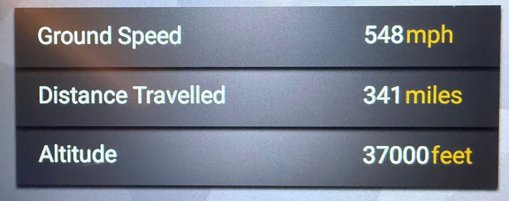 In-flight information screen showing a ground speed of 548 mph, distance travelled of 341 miles and a cruising altitude of 37,000 feet.