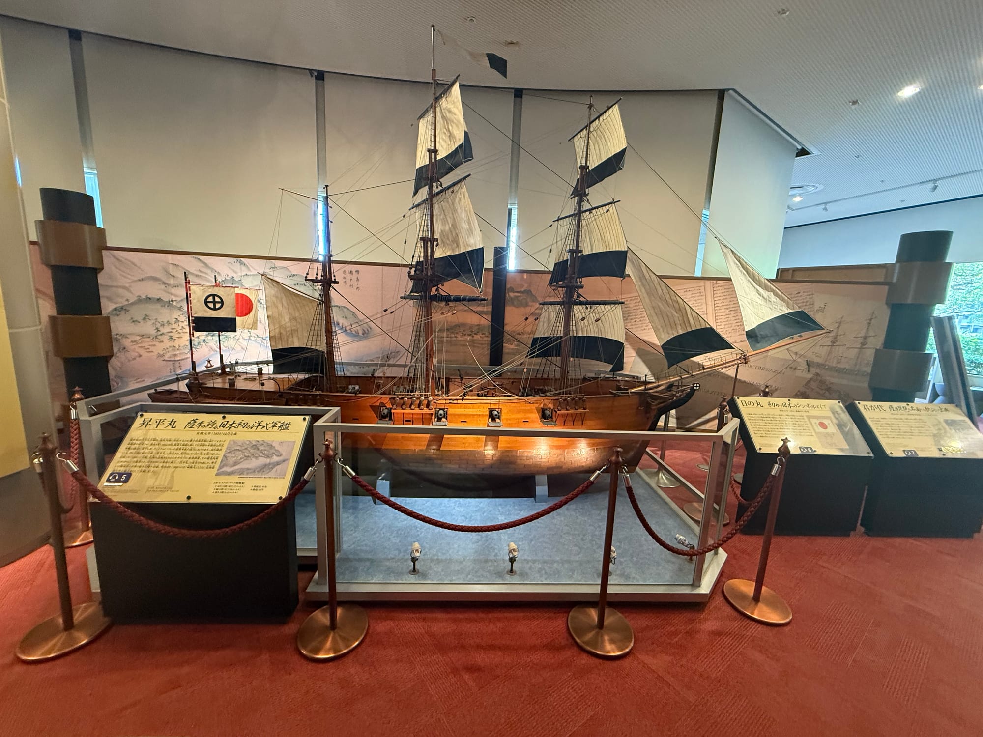 Scale model of the Shūhei Maru on display at the Museum of the Meiji Restoration in Kagoshima, showing the pioneering Western-style warship built by the Satsuma Domain.