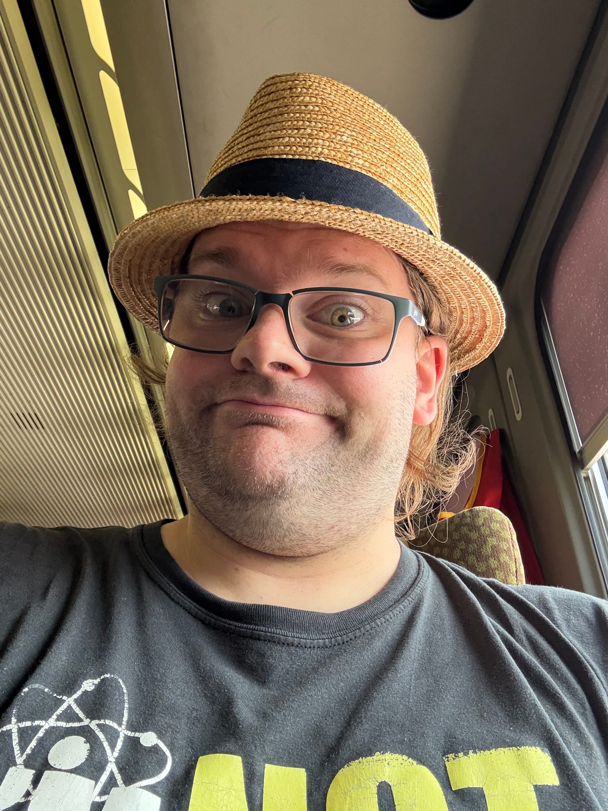Traveller wearing a straw hat and glasses takes a selfie while seated in a Green Car on a JR Kyushu 787 Series train, with the carriage interior visible in the background.