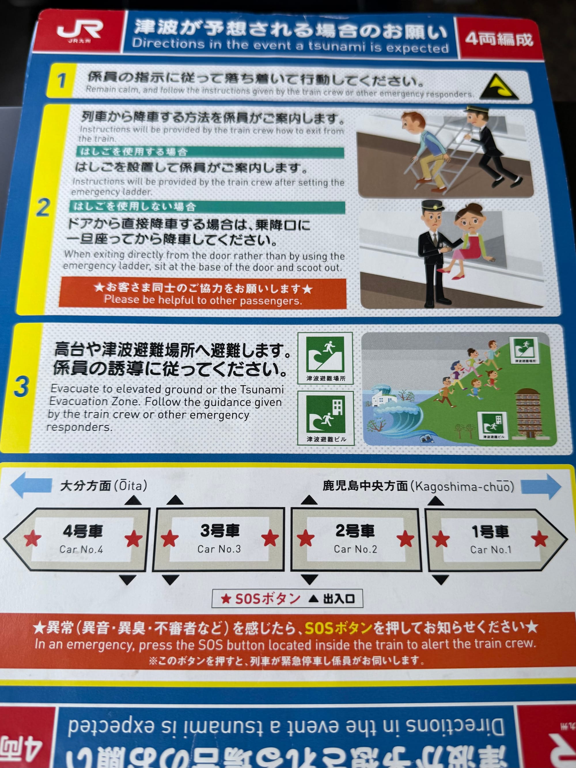 Safety information notice aboard a JR Kyushu 787 Series train, explaining tsunami evacuation procedures, emergency exits and assembly points in Japanese and English.