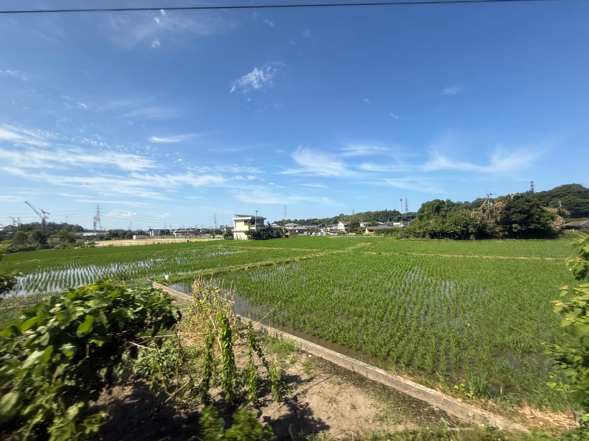 View from a JR Kyushu 787 Series train window showing green rice paddies, scattered houses and low hills beneath a bright blue sky streaked with wispy clouds.