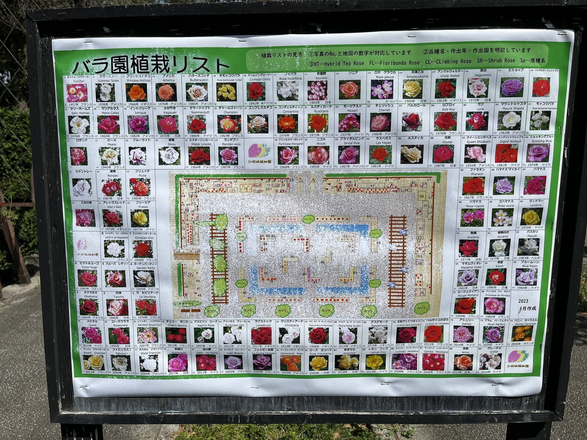 Information board at the Hirosaki Castle Botanical Gardens showing a map of the rose garden and photographs of different rose varieties grown within the grounds.