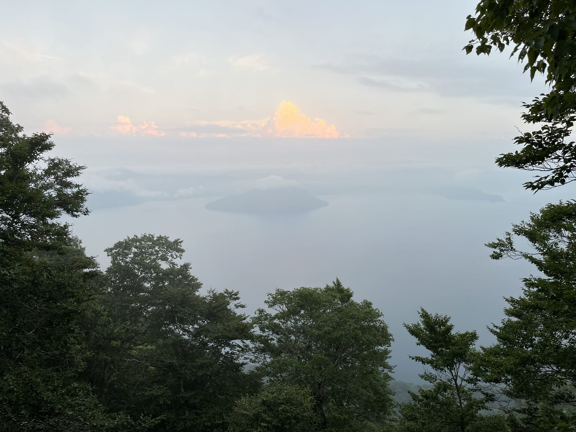 View of Lake Towada from a wooded hillside lookout, with mist hanging over the water, a small island in the centre and soft evening clouds glowing above the horizon.
