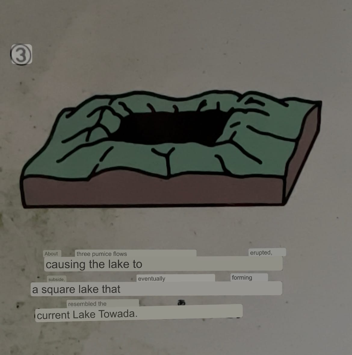 Educational diagram showing a caldera after volcanic collapse, with text explaining how eruptions and subsidence eventually formed a lake resembling present-day Lake Towada.