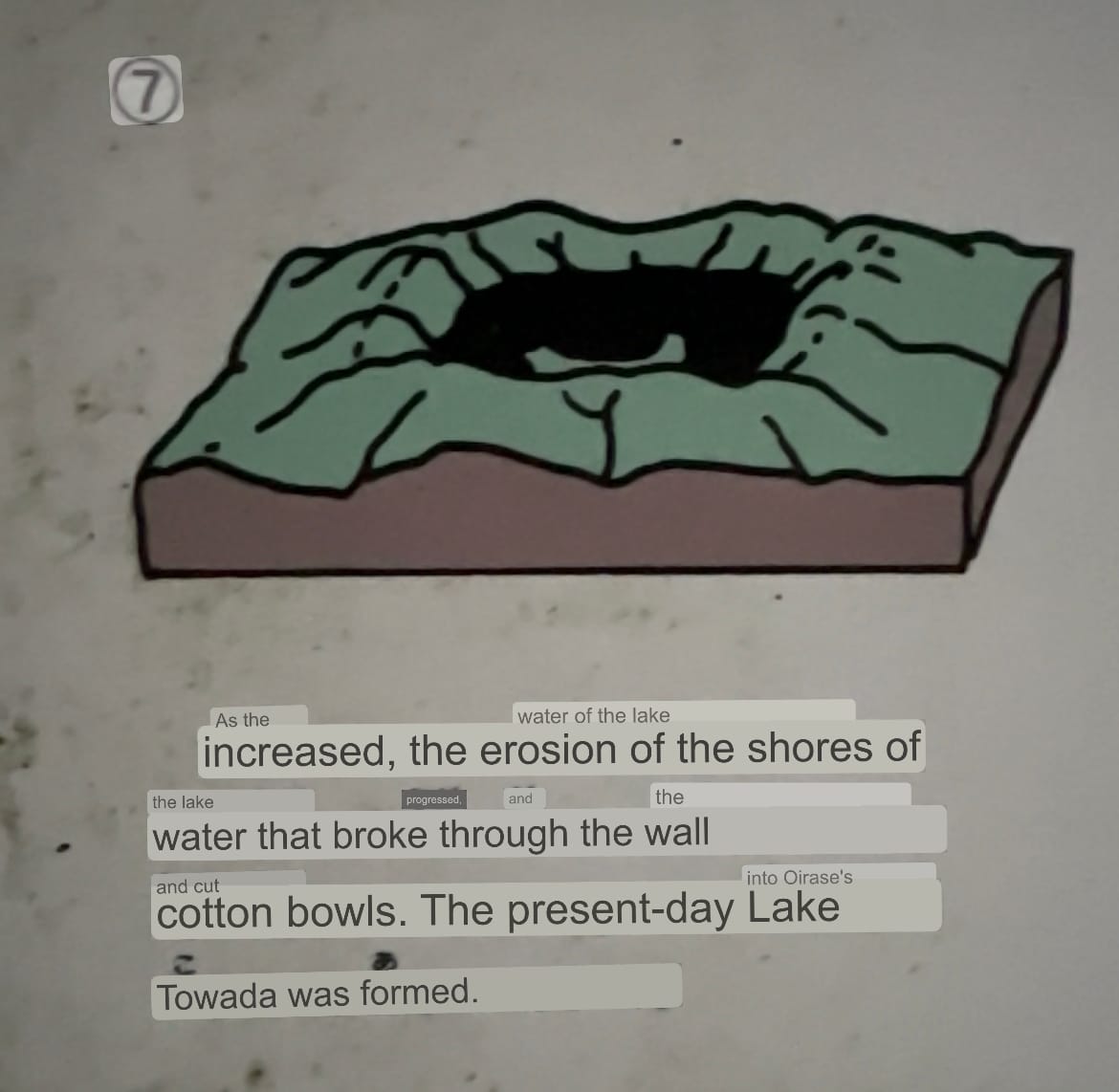 Educational display showing the final stage of Lake Towada's development, with a caldera lake formed by rising water levels, erosion and the gradual shaping of the shoreline.