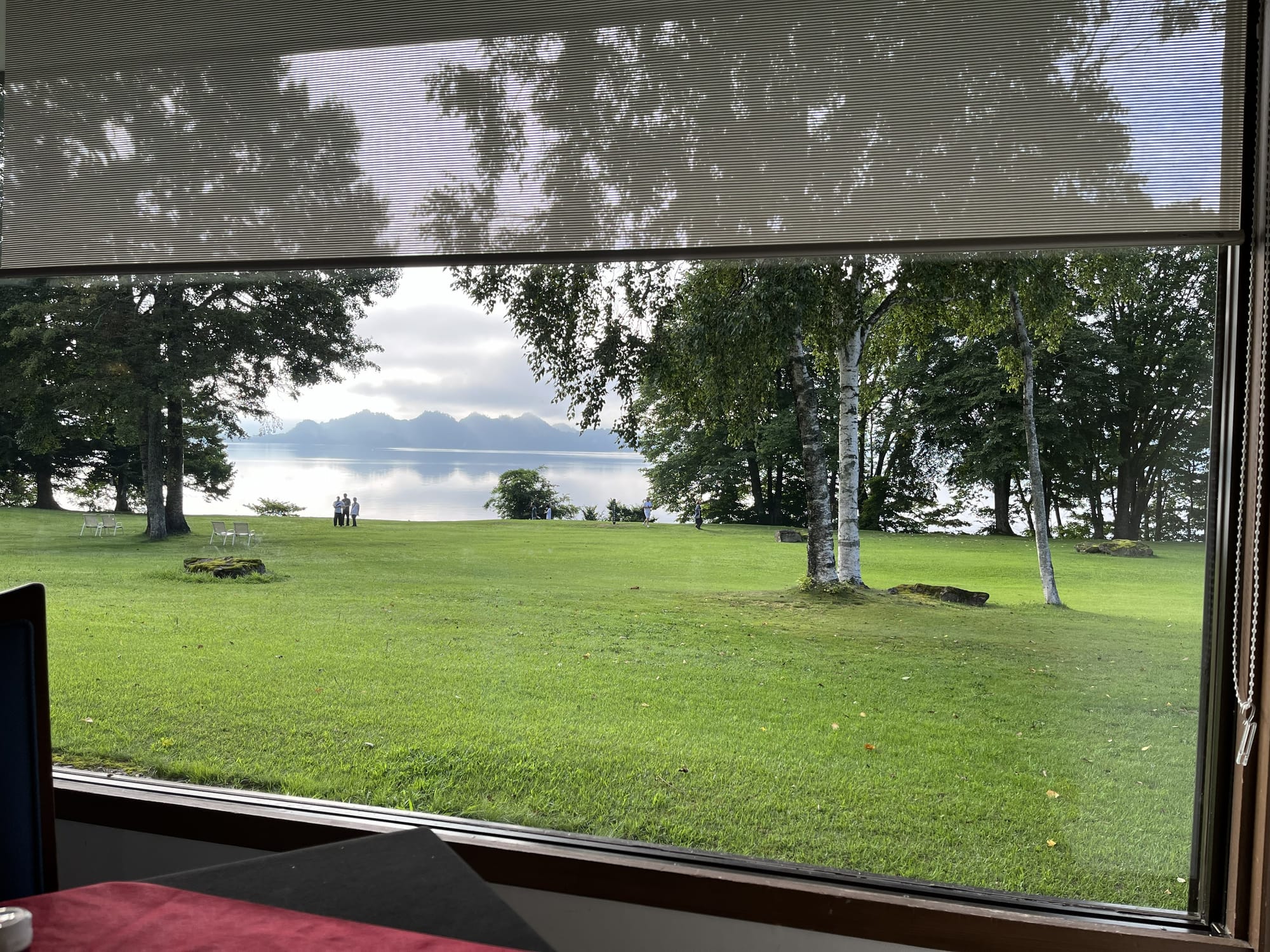 View from Towada Prince Hotel across a lawn to Lake Towada, framed by trees, with calm water and distant mountains visible beneath an overcast sky.
