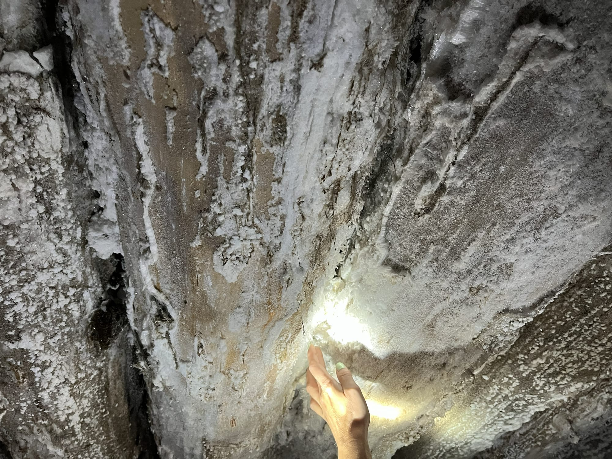 Hand touching a salt-covered wall inside the Wieliczka Salt Mine, with white crystalline deposits illuminated by underground lighting.