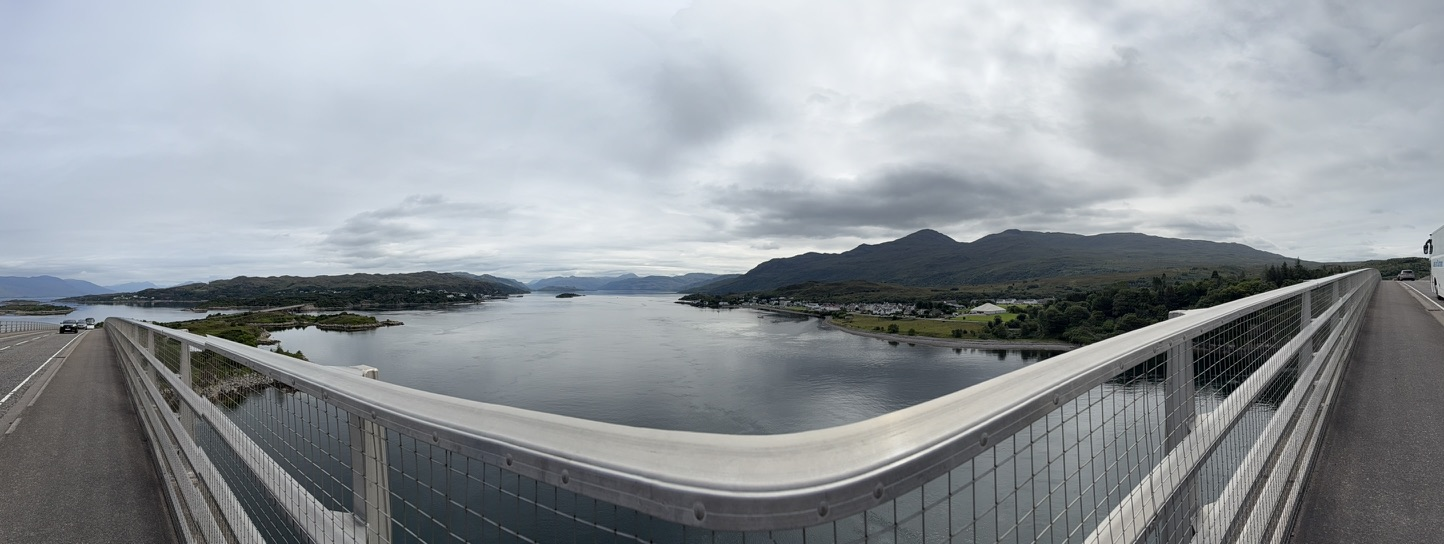 Panoramic view from the Skye Bridge across Loch Alsh and the surrounding mountains.