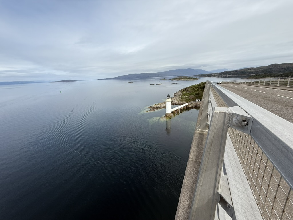 Eilean Bàn Lighthouse viewed from the Skye Bridge above Loch Alsh.