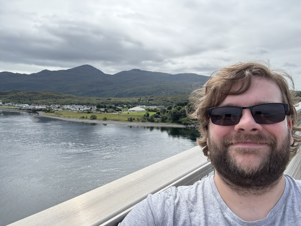 Obligatory selfie on the Skye Bridge, with Loch Alsh and the mountains of Skye providing a spectacular backdrop.