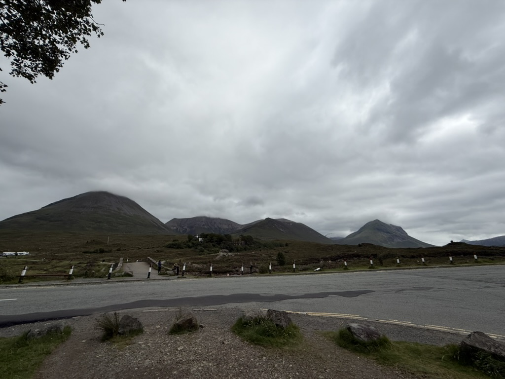 Cuillin mountains viewed from Sligachan on the Isle of Skye beneath heavy clouds.