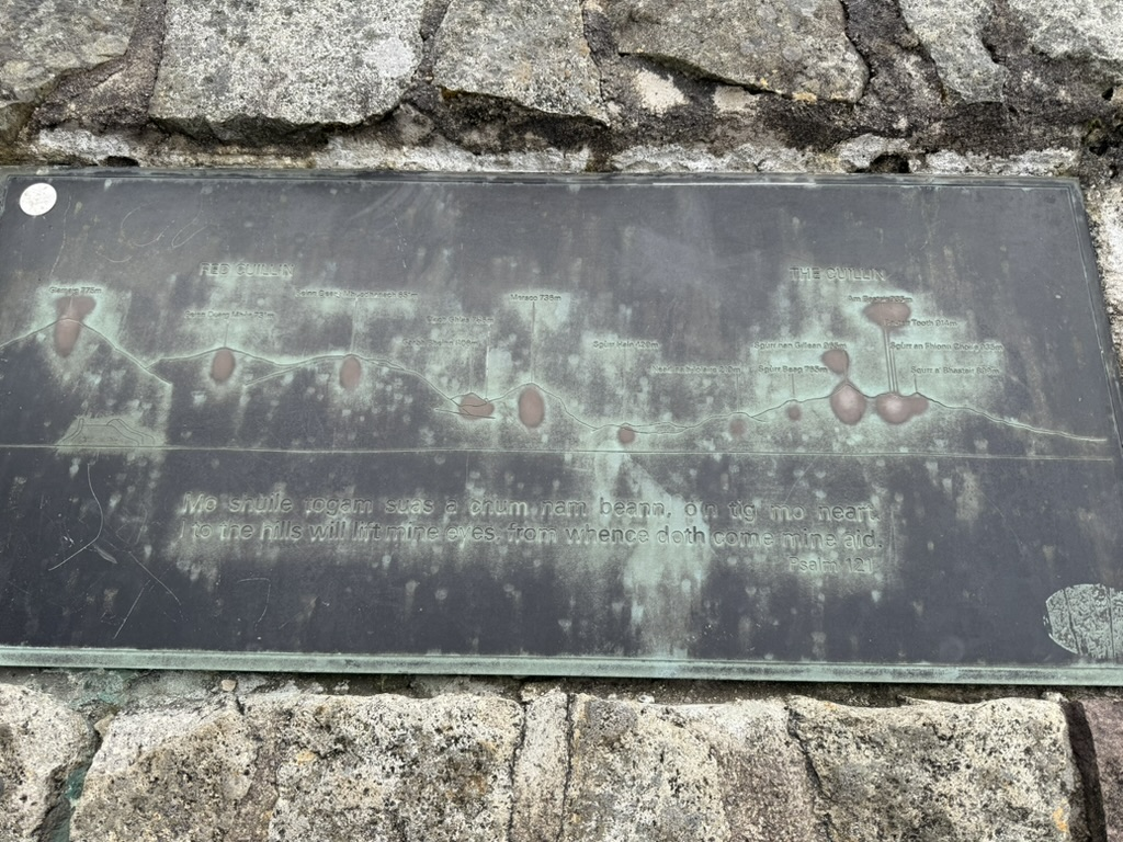 Interpretation plaque showing the peaks of the Cuillin mountain range at Sligachan.