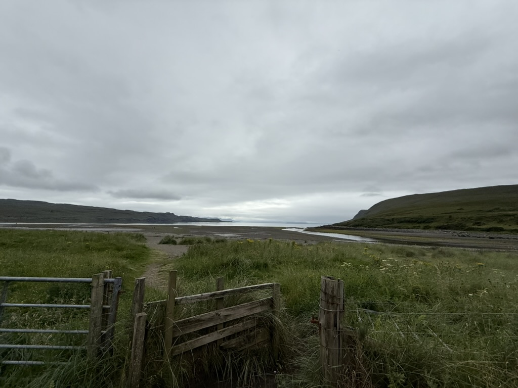 View across the estuary at Glen Brittle on the Isle of Skye beneath low cloud.