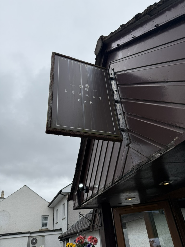 Seumas' Bar sign outside the Sligachan Hotel on the Isle of Skye.