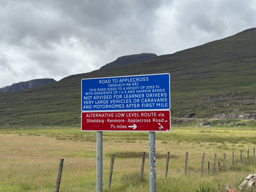 Road sign for the Bealach na Bà and Applecross route.