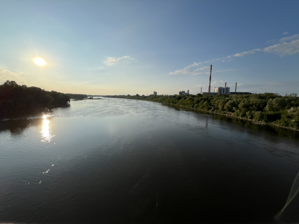 Sunset view across the Vistula River in Warsaw.