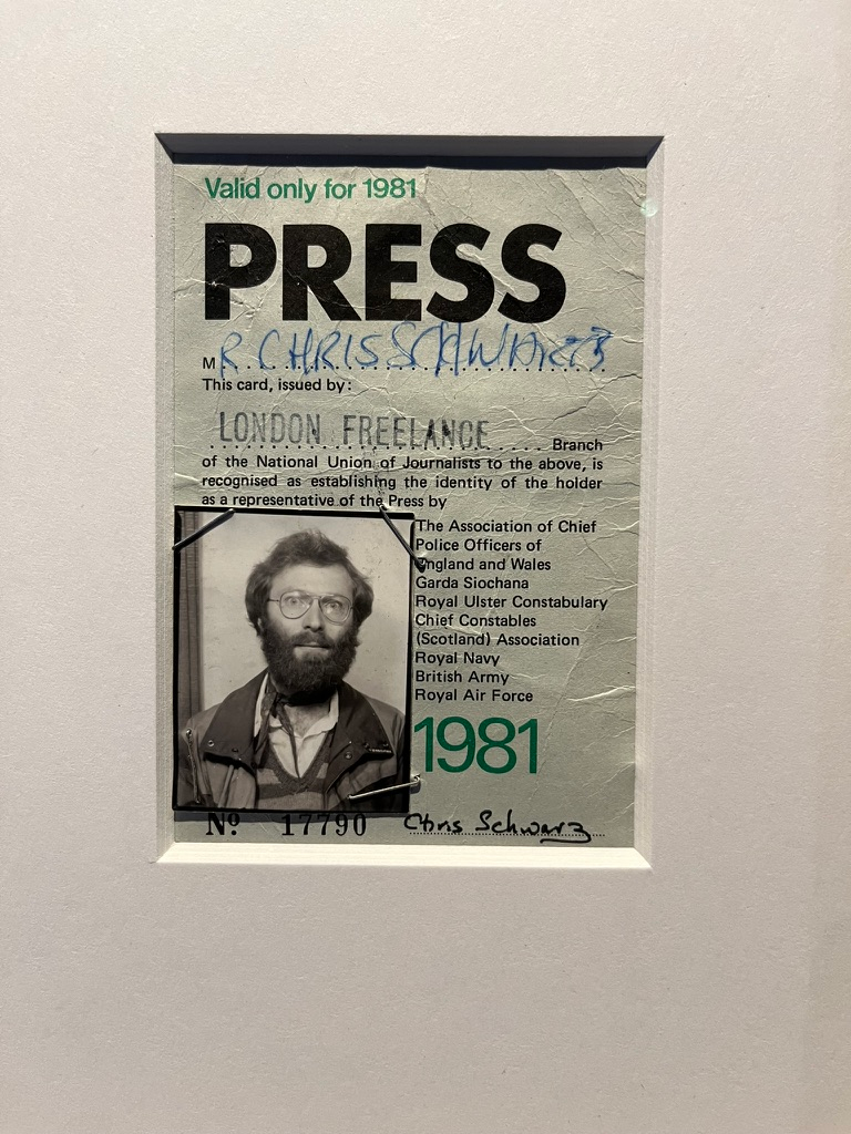 Framed 1981 press card issued by the London Freelance branch of the National Union of Journalists, featuring a black-and-white portrait photograph and handwritten details.