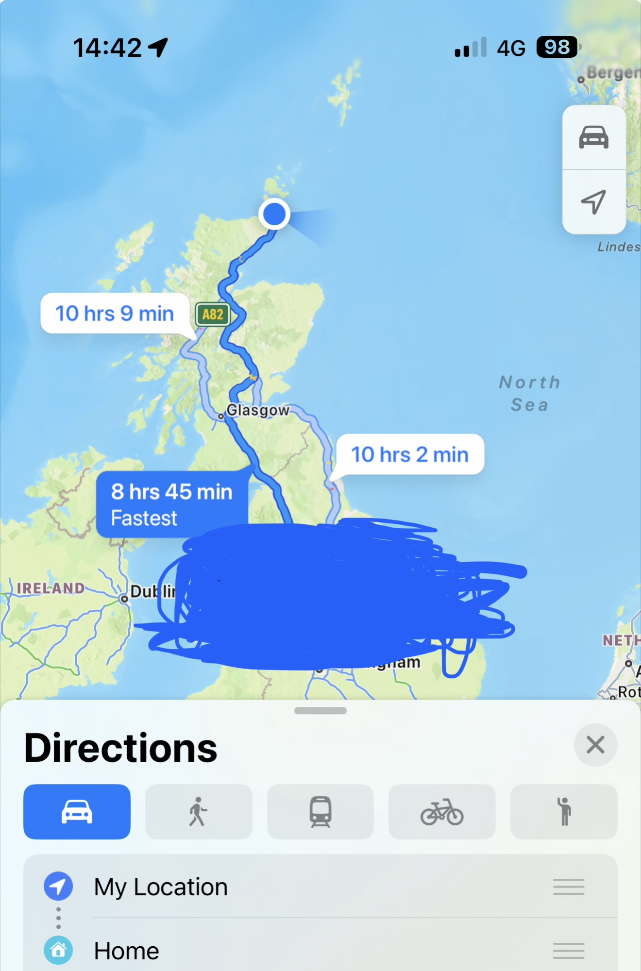 Screenshot of Apple Maps showing an 8-hour 45-minute route from John O' Groats to home.
