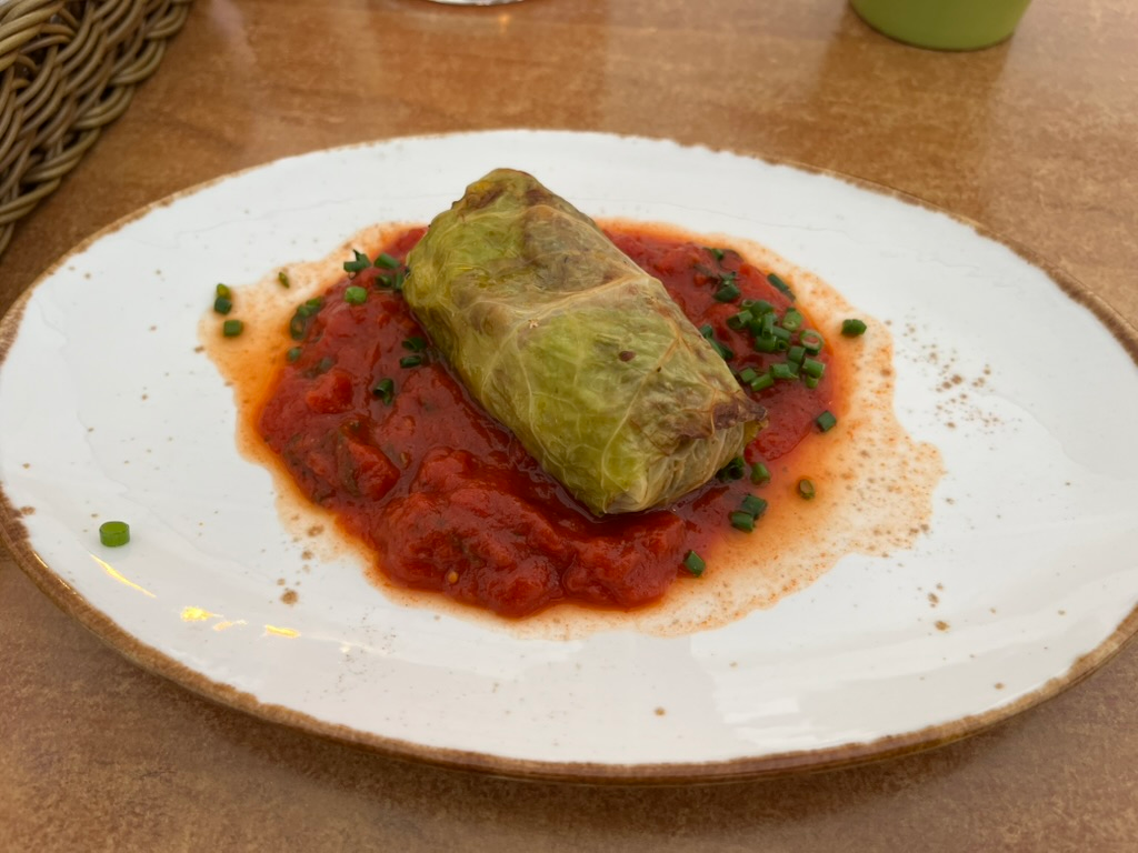 Jewish-style cabbage roll (holishkes) served on a white plate with rich tomato sauce and sprinkled chives.
