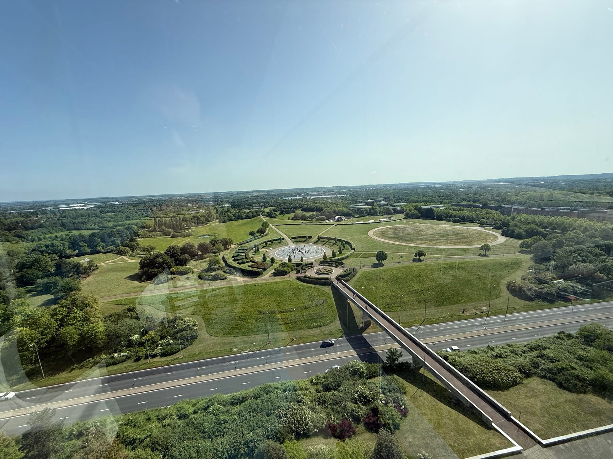 View from a hotel room overlooking Campbell Park in Milton Keynes.