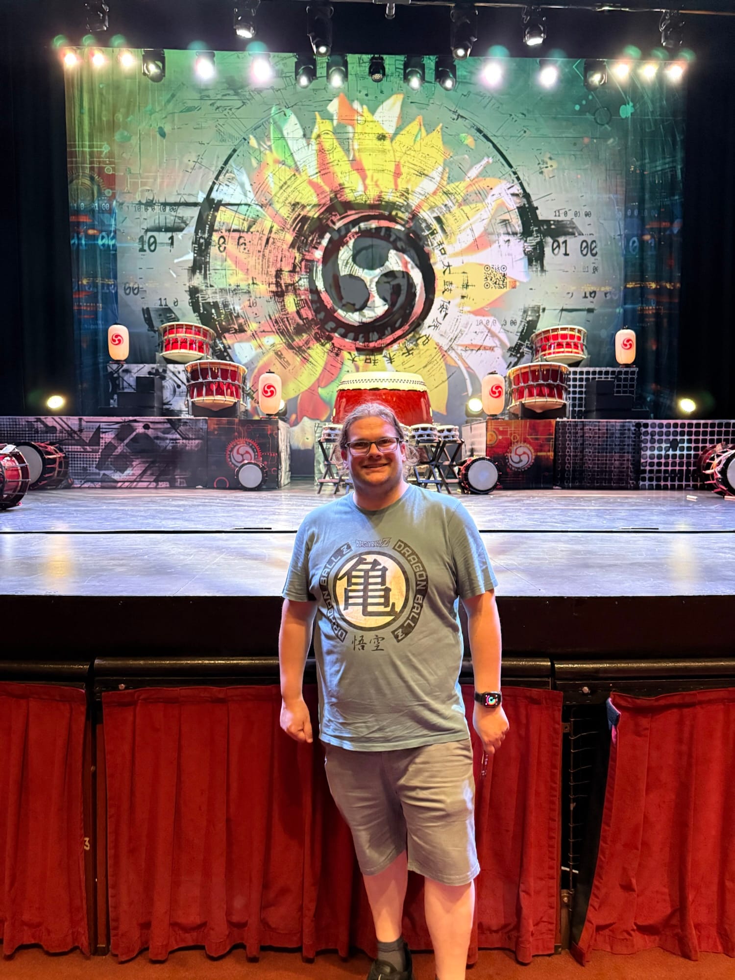 Person standing in front of the Yamato taiko drum stage at the Peacock Theatre in London.