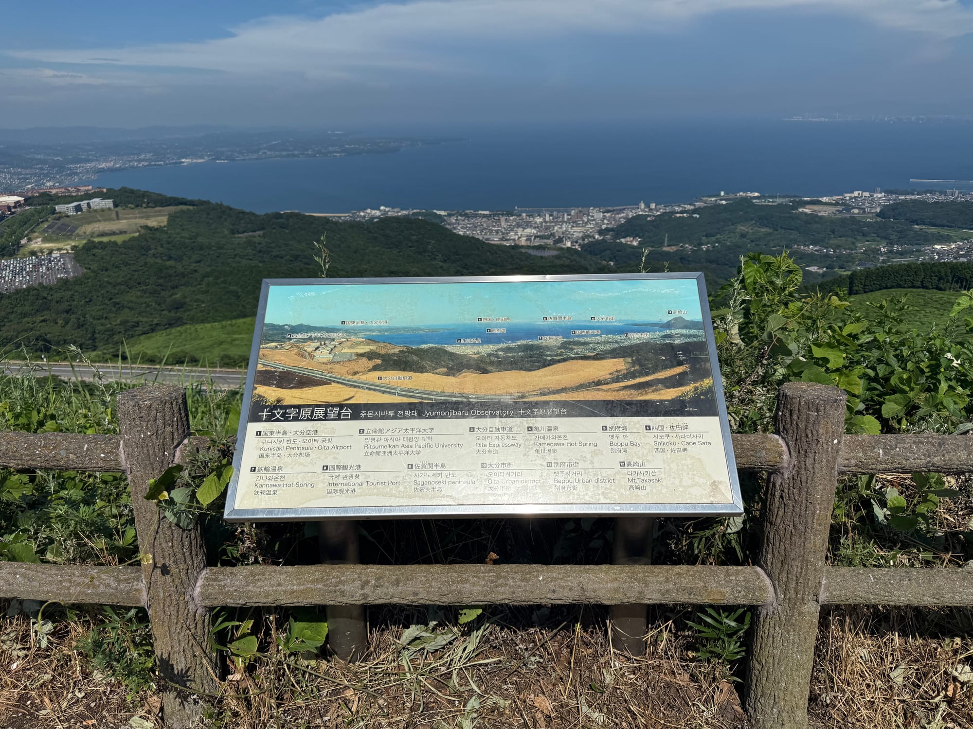 Interpretive panel at Jūmonjibaru Observatory overlooking Beppu Bay, with the coastline, city and surrounding hills visible beyond beneath a clear summer sky.