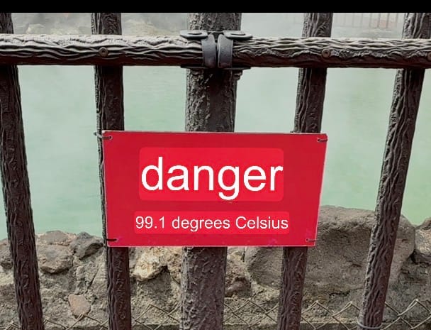 Warning sign at Oniyama Jigoku in Beppu showing a water temperature of 99.1°C, mounted beside one of the attraction's geothermal hot spring pools.