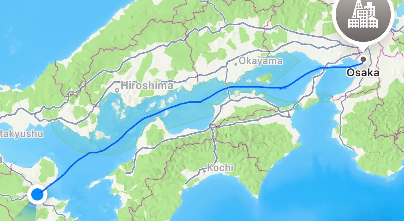Map showing the route of the overnight Sunflower Ferry from Beppu to Osaka across the Seto Inland Sea, passing near Hiroshima, Okayama and the coast of Shikoku.