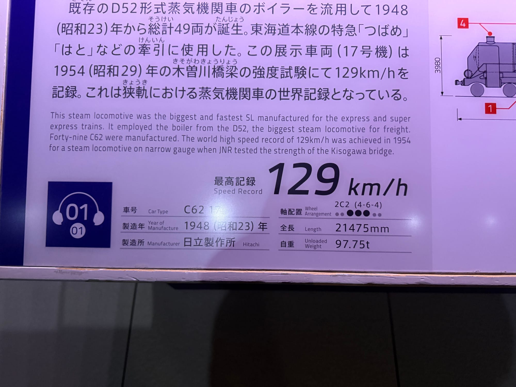 Information panel for the C62 17 steam locomotive at the SCMAGLEV and Railway Park, noting its world narrow-gauge steam speed record of 129 km/h set in 1954.