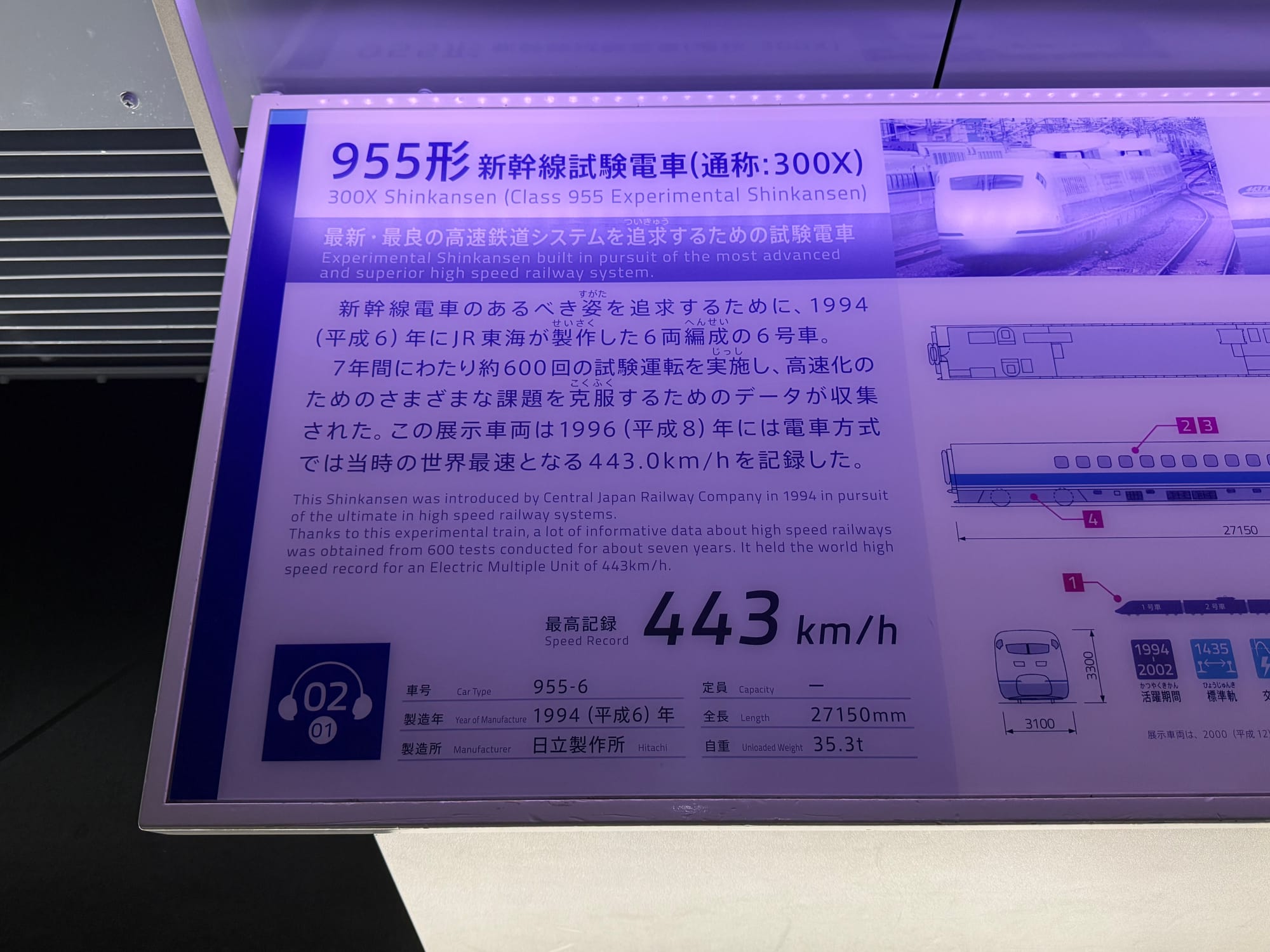 Information panel for the 300X Shinkansen experimental train at the SCMAGLEV and Railway Park, highlighting its world record speed of 443 km/h achieved during testing.