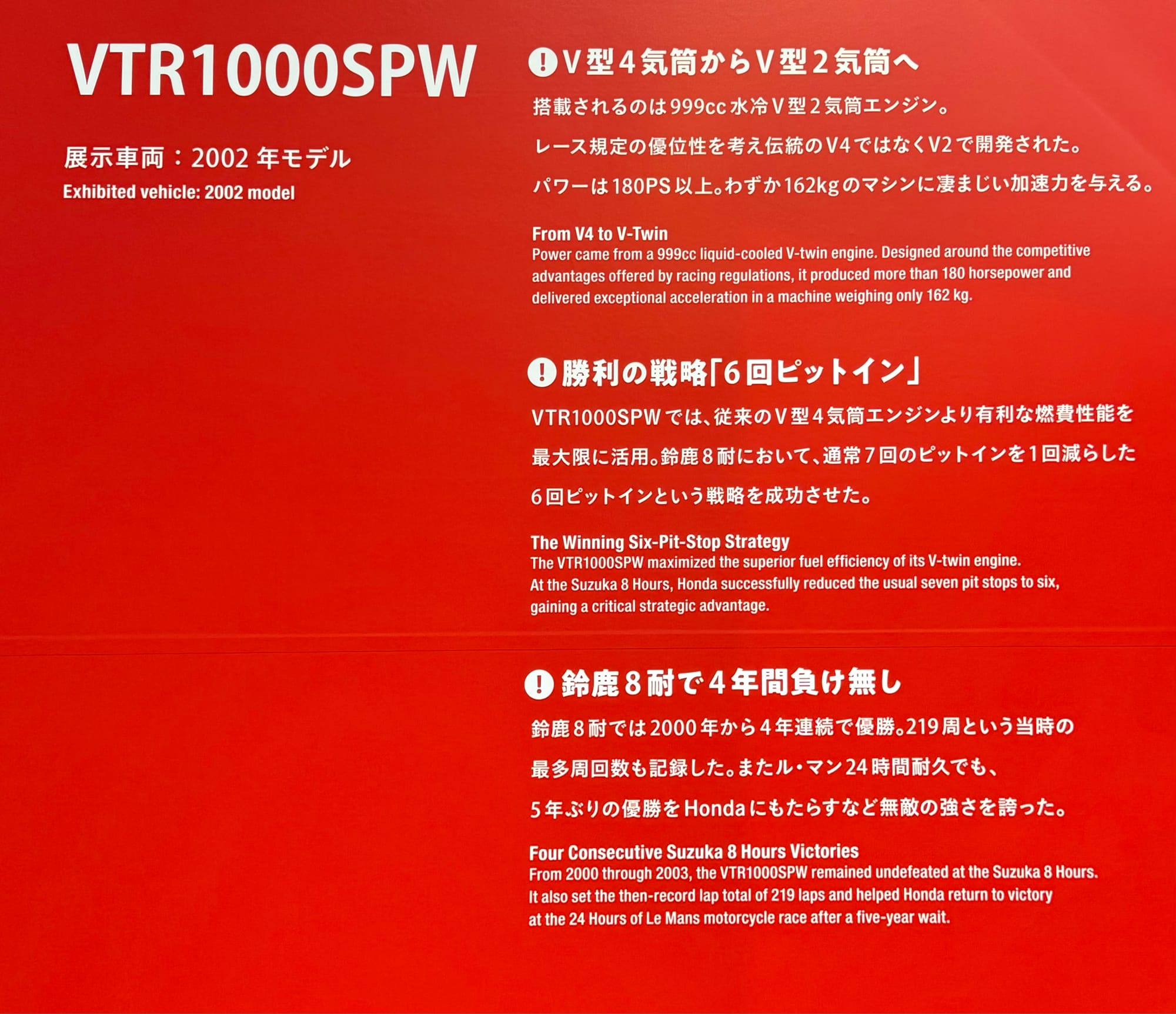 Interpretive display panel for the Honda VTR1000SPW endurance racing motorcycle, highlighting its V-twin engine, six-pit-stop strategy and Suzuka 8 Hours achievements.