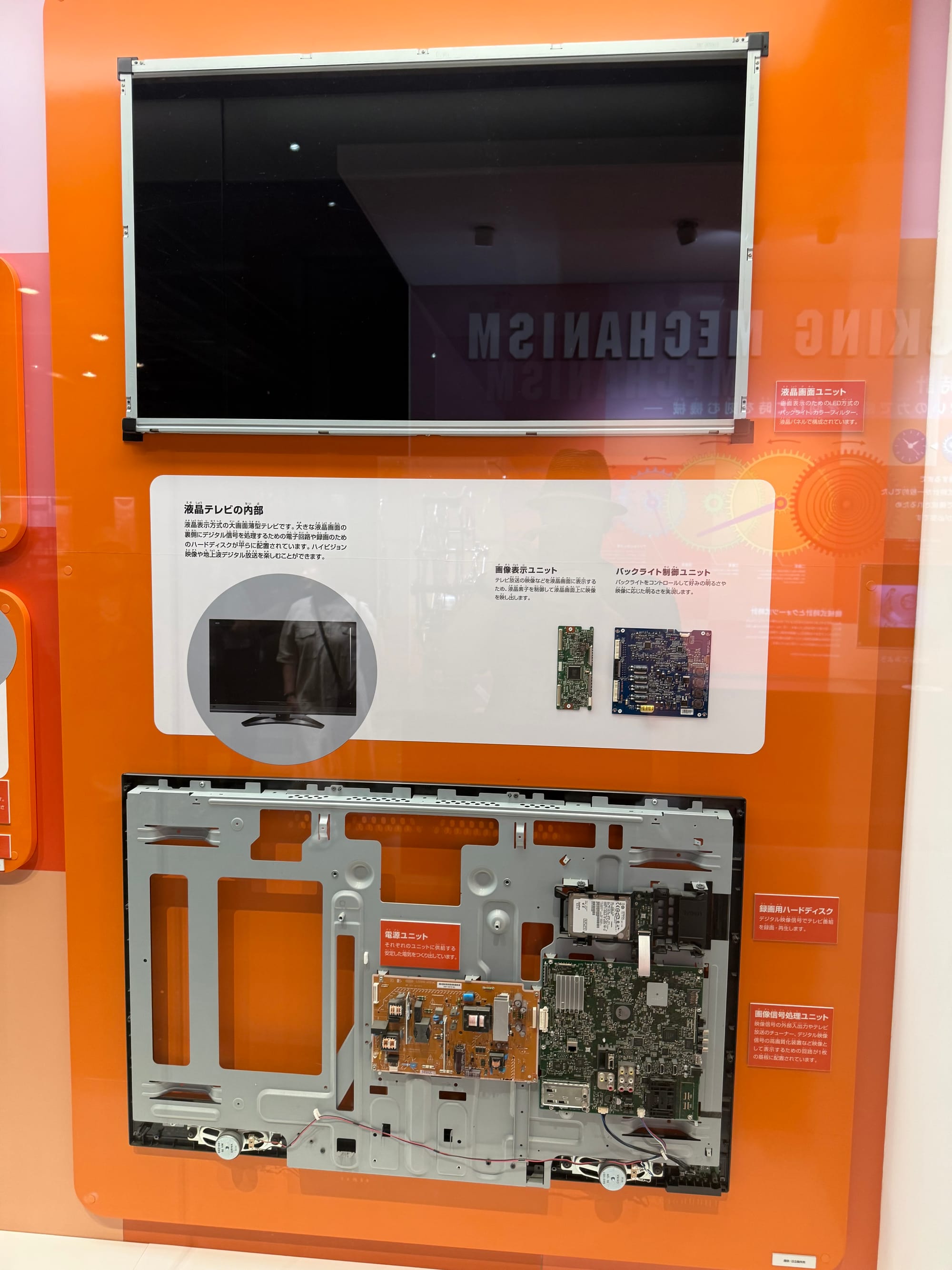 Disassembled liquid-crystal television display at Nagoya City Science Museum, showing the screen, internal circuit boards, power supply and electronic components.