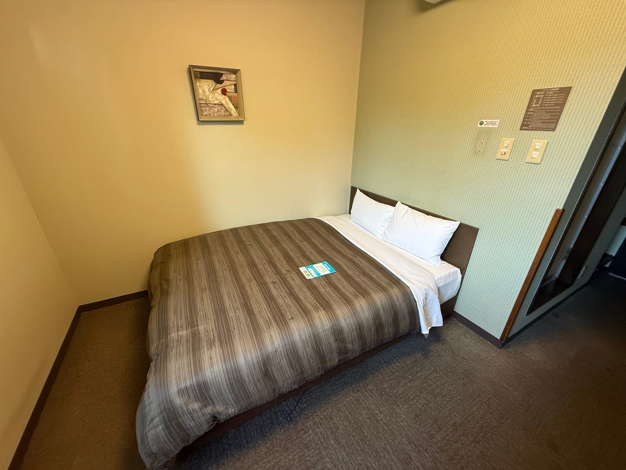 Double bed in a guest room at Hotel Route-Inn Kamisuwa, featuring a brown bedspread, two pillows, simple décor and a compact layout typical of Japanese business hotels.