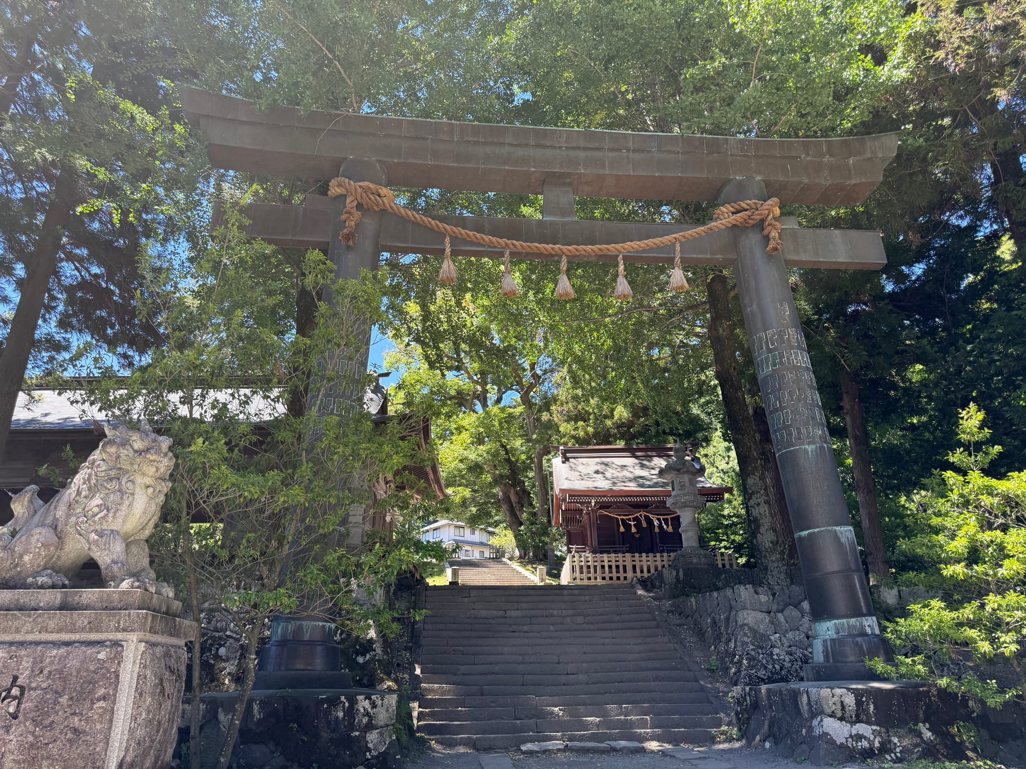 Bronze torii gate at Suwa Taisha Kamisha Maemiya, with stone steps leading to the shrine, a guardian komainu statue and tall trees surrounding the historic sanctuary.
