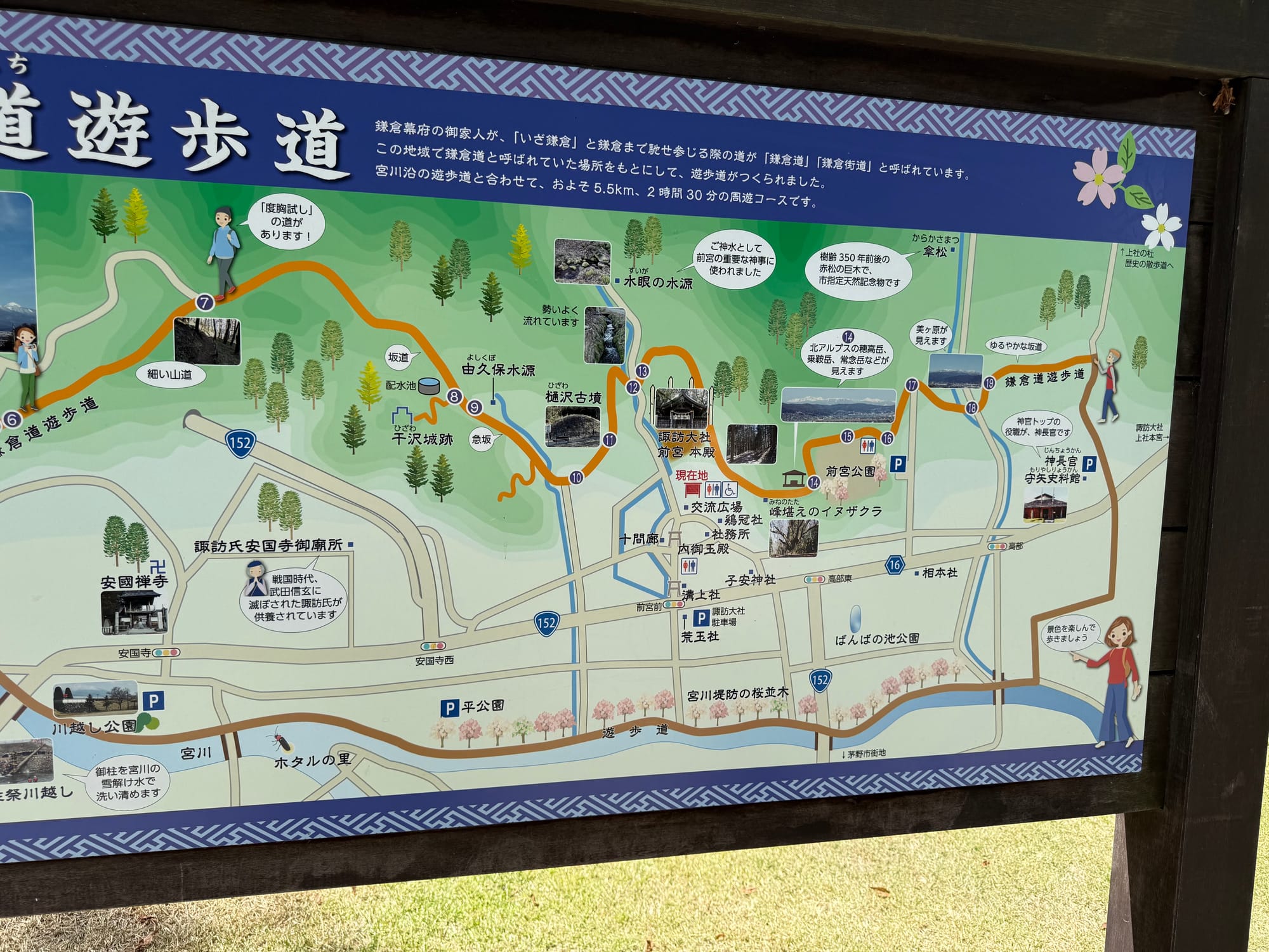 Illustrated walking trail map near Suwa Taisha Kamisha Maemiya, showing local routes, shrine landmarks, viewpoints, springs and historical sites in the surrounding area.