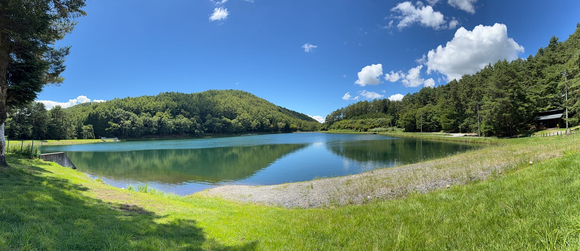 A tranquil pond in Seinoumi Park along the route to Oniyama Observation Point, surrounded by forest and mountain scenery in the highlands above Lake Suwa.