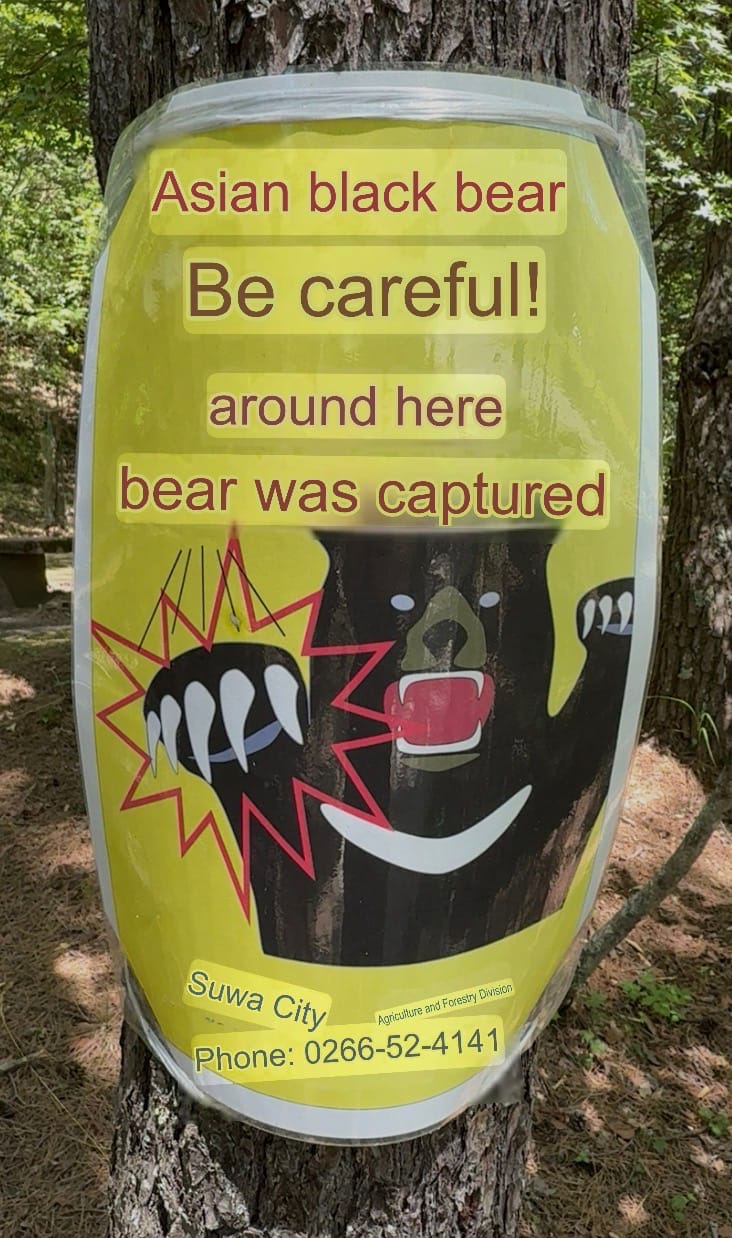 Warning sign on a tree in Seinoumi Park, featuring a bear illustration and text advising visitors that an Asian black bear was captured nearby.