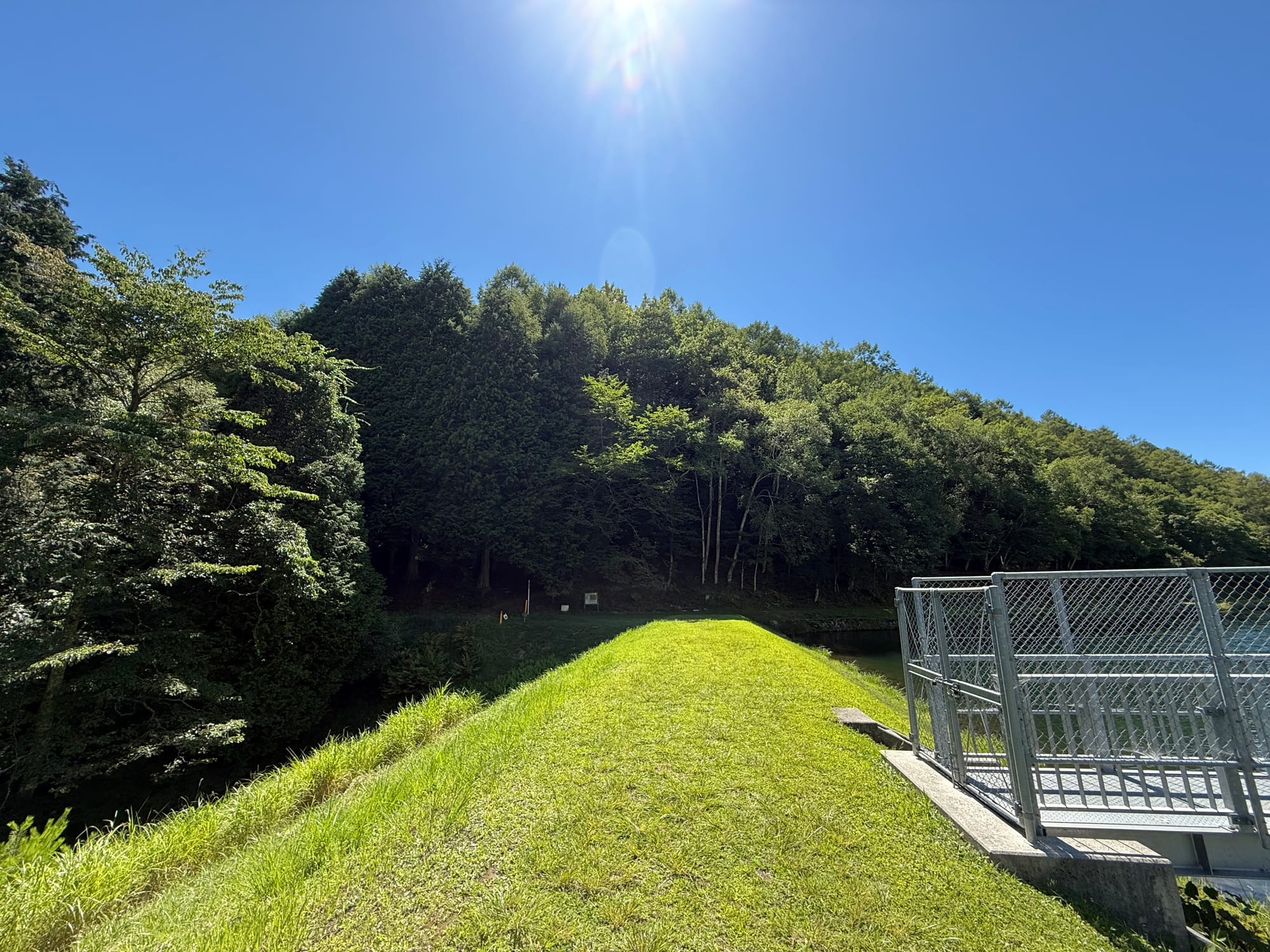 Grassy dam embankment at Tatenoumi Pond in Seinoumi Park, with a metal viewing platform, forested hills and bright summer sunshine beneath a clear blue sky.