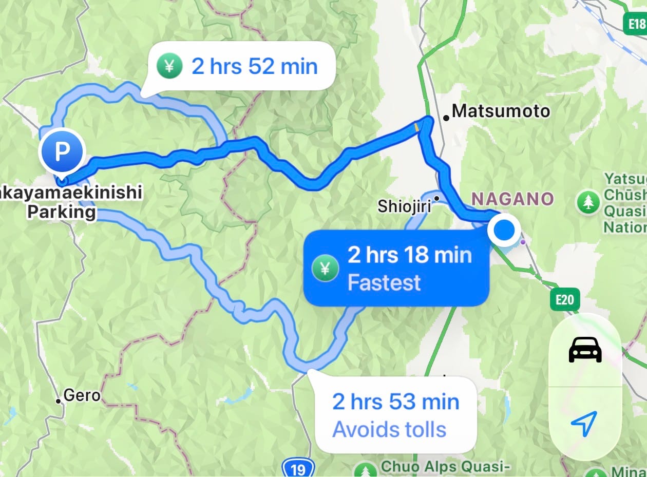 Map showing a driving route from the Lake Suwa area to Takayama, highlighting mountain roads through central Japan and an estimated travel time of about 2 hours 18 minutes.