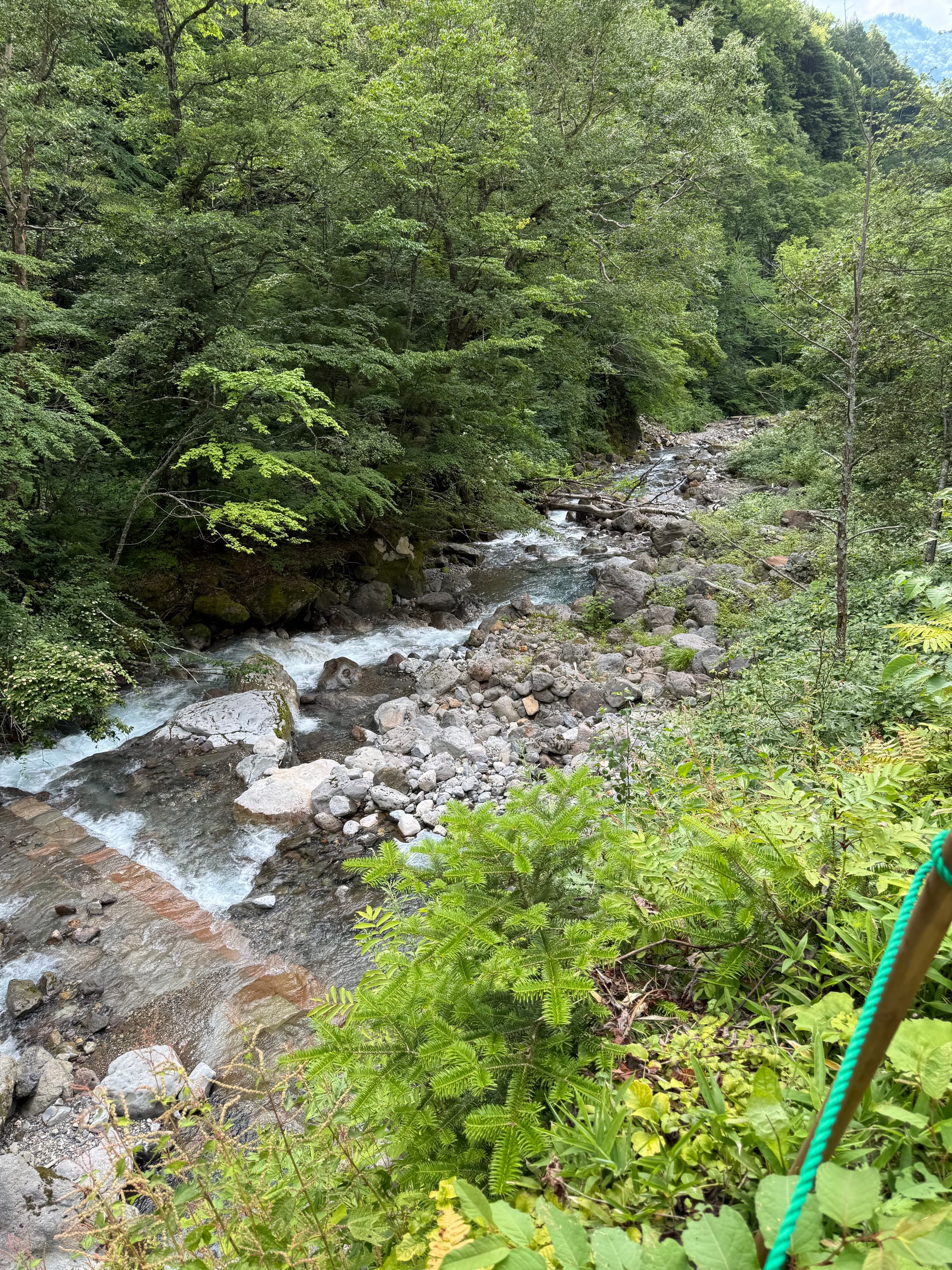 Mountain stream below Hirayu Great Falls, flowing through a rocky valley surrounded by dense forest, with clear water cascading over boulders in the Northern Japan Alps.