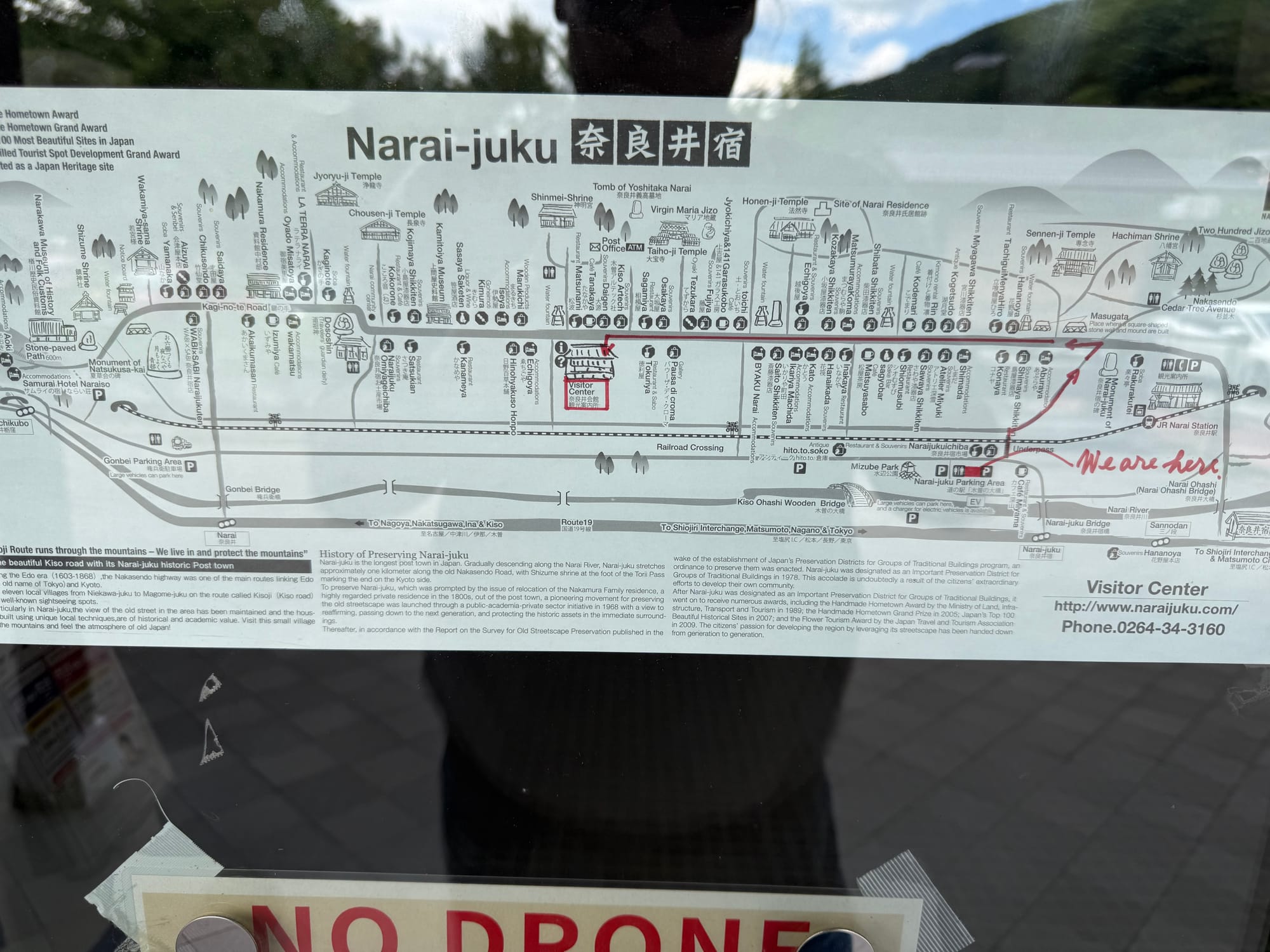 Visitor map of Narai-juku showing the historic post town, temples, museums, visitor centre, railway station and major landmarks along the preserved Nakasendo route.