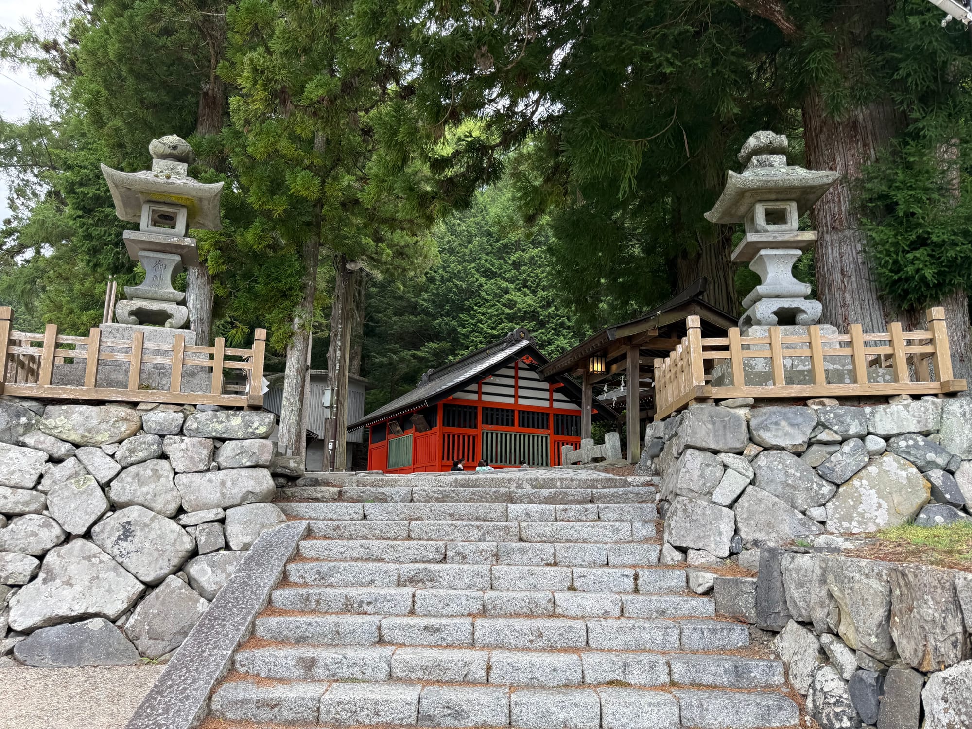 Stone steps leading to Shizume-Kinka Shrine, flanked by stone lanterns and towering cedar trees, with the shrine's red-and-white buildings nestled within a tranquil forest setting.