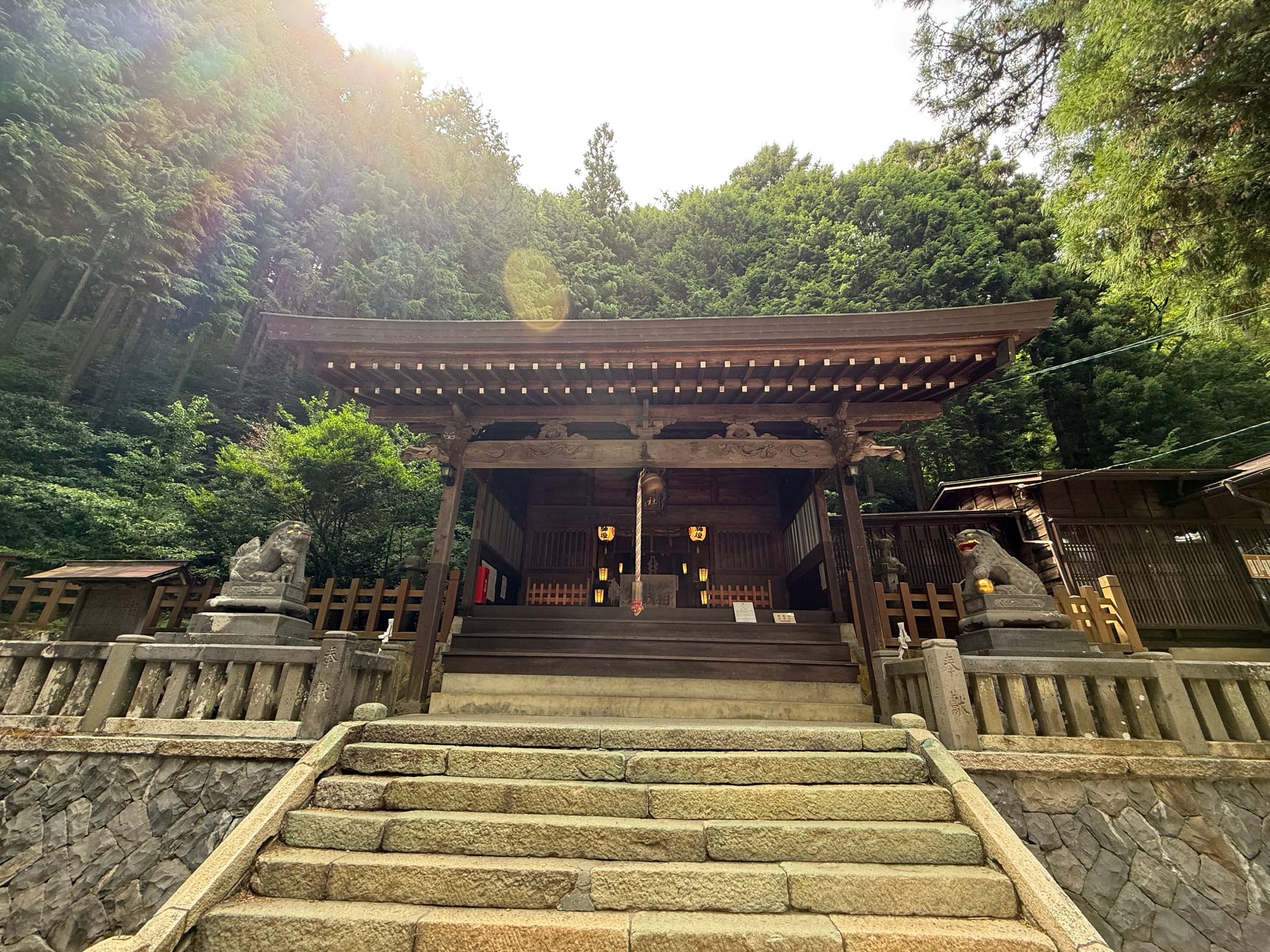 Copilot said:  Alt text (191 characters or under):  Main worship hall of Shizume-Kinka Shrine, reached by a stone staircase and flanked by komainu guardian statues, with dense cedar forest rising behind the shrine.