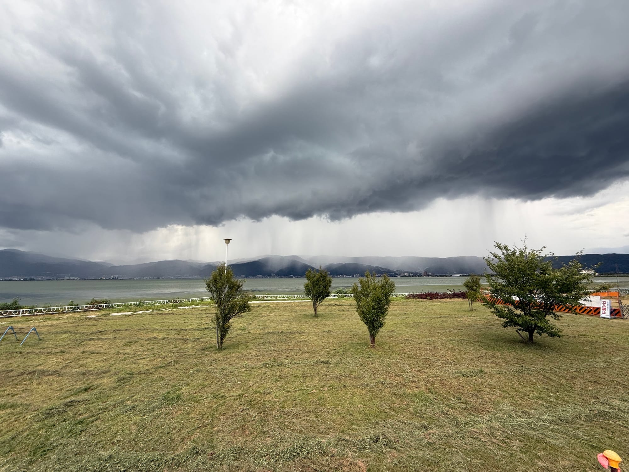 Dark storm clouds over Lake Suwa, with visible rain shafts falling across the far shore, while the lakefront lawn and waters remain sunlit in the foreground.