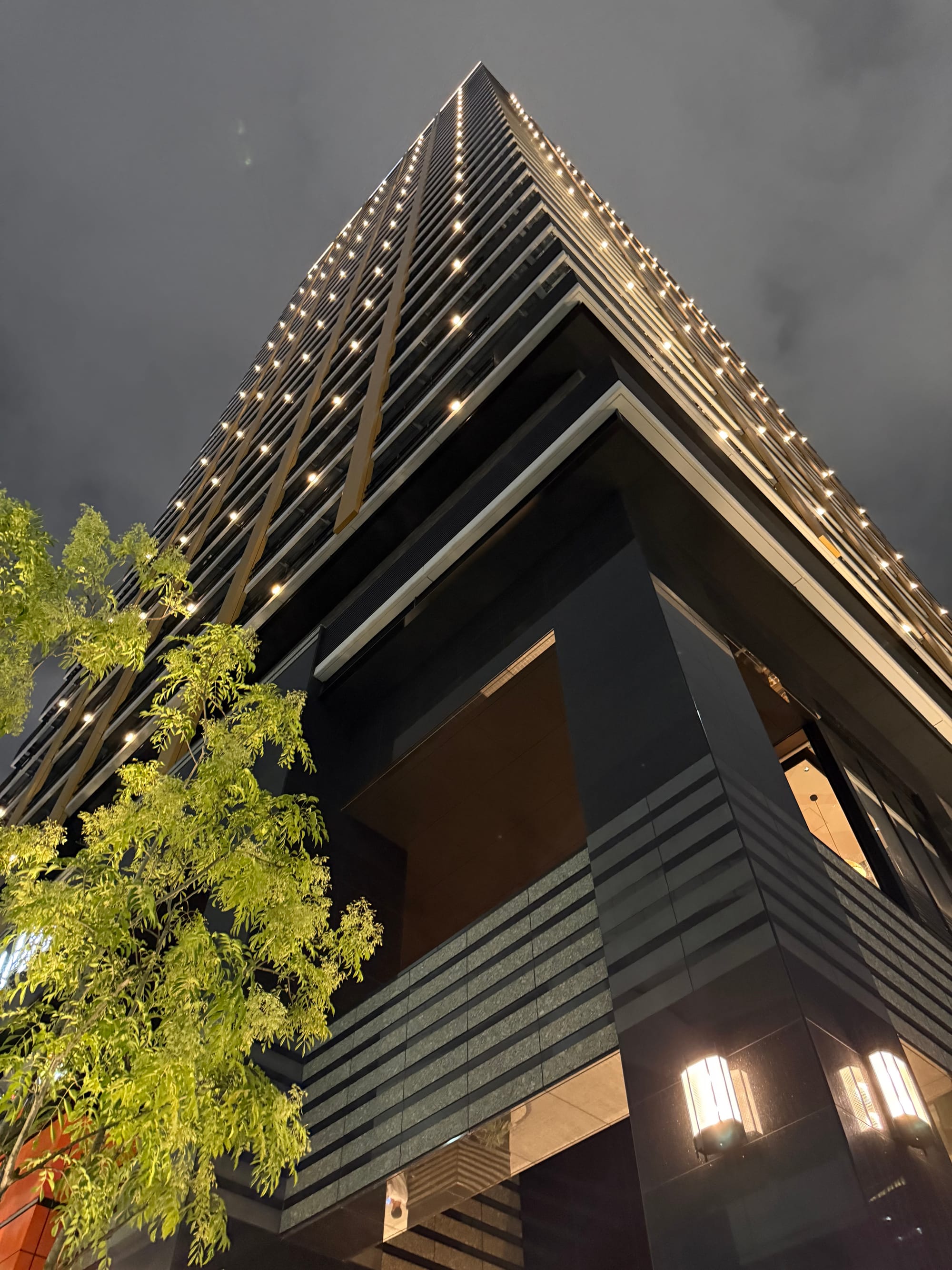 High-rise hotel tower illuminated at night in Osaka, viewed from street level, with modern architecture, glowing windows, dark clouds overhead and trees in the foreground.